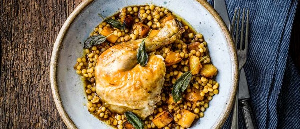 Roast chicken with fregola, squash and sage