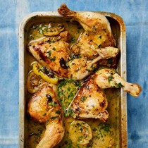 Roast chicken with garlic and peppercorn sauce