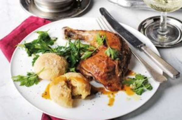 Roast chicken with garlic croquettes