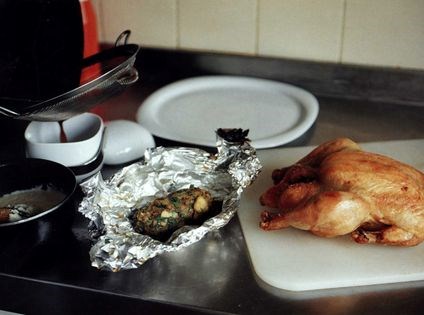 Roast chicken with gravy and watercress stuffing
