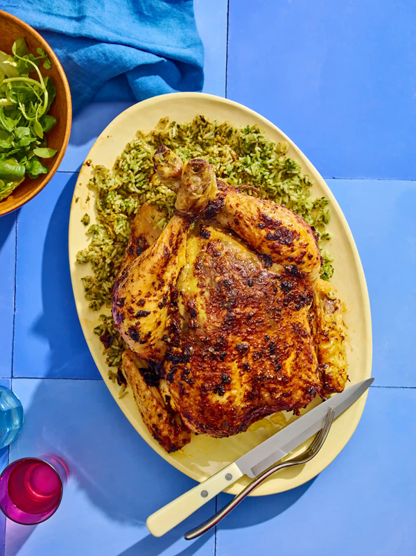 Roast chicken with green rice and ancho butter