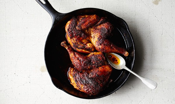 Roast chicken with harissa and schmaltz