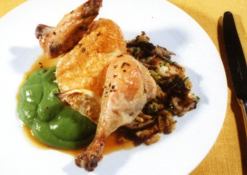 Roast chicken with matzo stuffing and cauliflower-spinach puree