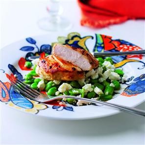 Roast chicken with minted broad beans and feta