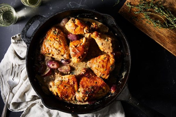 Roast chicken with mustard and grapes