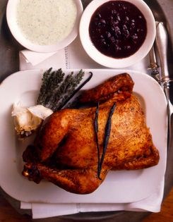 Roast chicken with olive and vanilla sauce