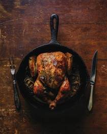 Roast chicken with onion pan juices