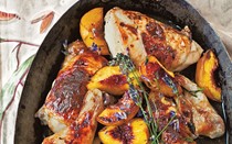 Roast chicken with peaches, honey and lavender