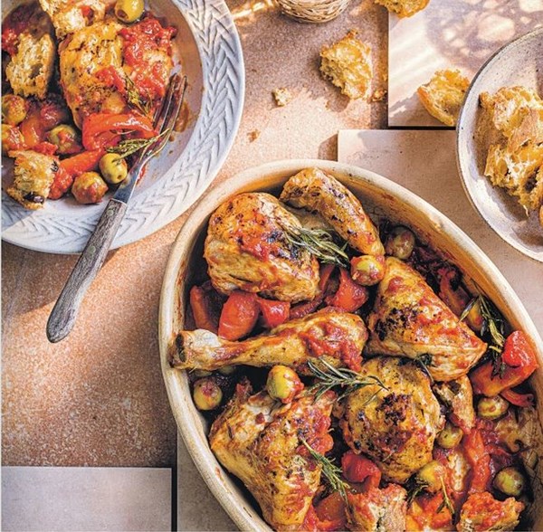 Roast chicken with peppers, olives & crunchy ciabatta