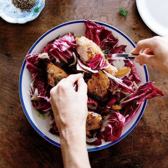 Roast chicken with pickled fennel and candied walnuts