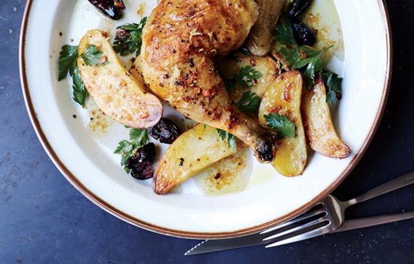 Roast chicken with potatoes and olives