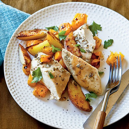 Roast chicken with potatoes and butternut squash