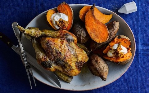 Roast chicken with preserved lemon, sweet potatoes and yogurt
