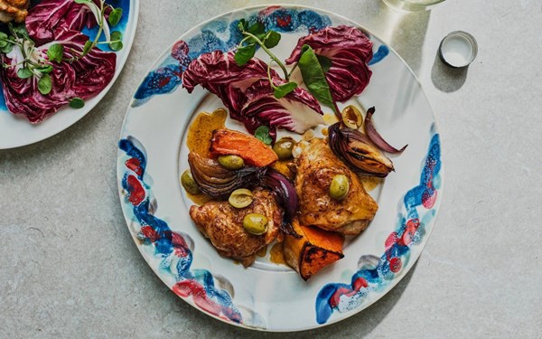 Roast chicken with pumpkin, cayenne and green olives