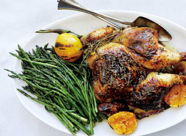 Roast chicken with rhubarb butter and asparagus