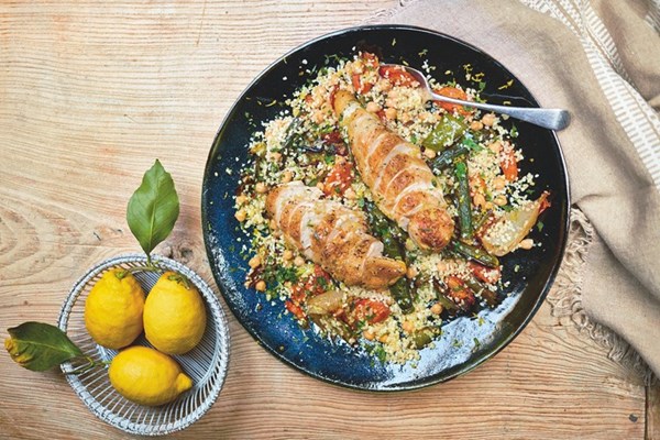 Roast chicken with root vegetable and chickpea salad