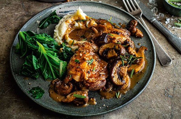 Roast chicken with rosemary, mushroom & Madeira sauce