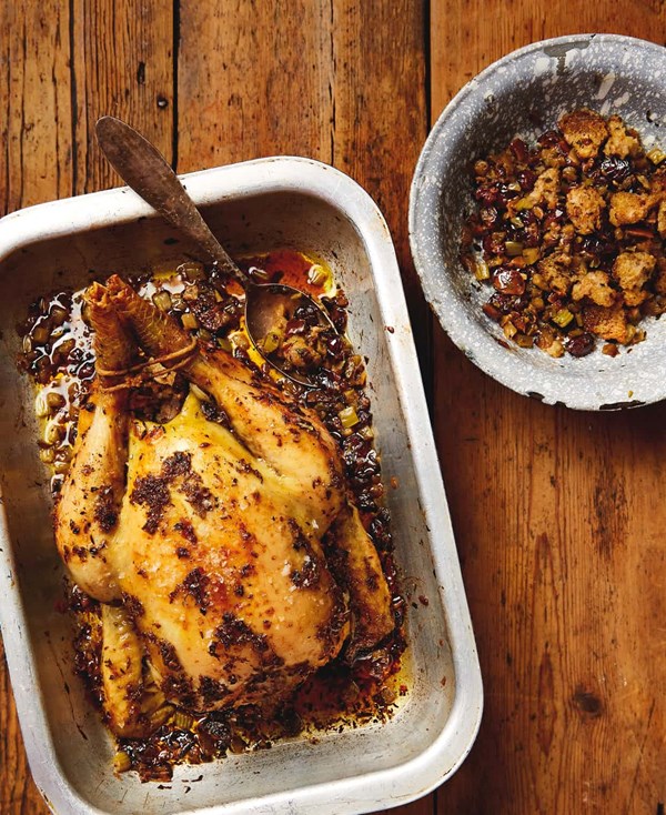 Roast chicken with rye sourdough, caraway and cranberry stuffing