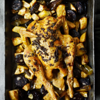 Roast chicken with sage, celeriac and black pudding