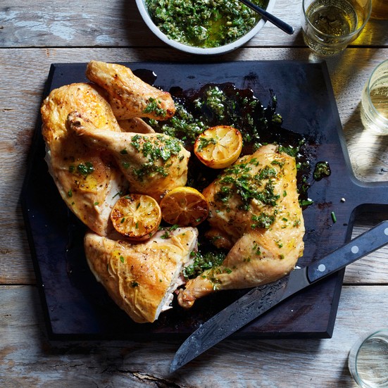 Roast chicken with salsa verde and roasted lemons