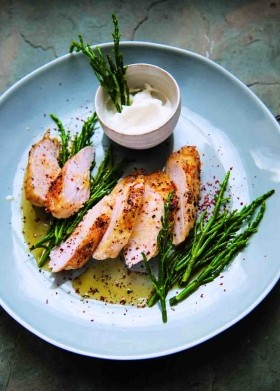 Roast chicken with samphire and toum dressing