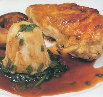 Roast chicken with savoury bread pudding and tarragon