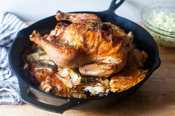 Roast chicken with schmaltzy cabbage