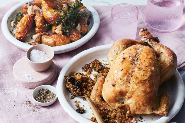 Roast chicken with sour cherries and citrus stuffing