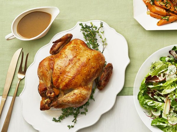 Roast chicken with spring vegetable gravy