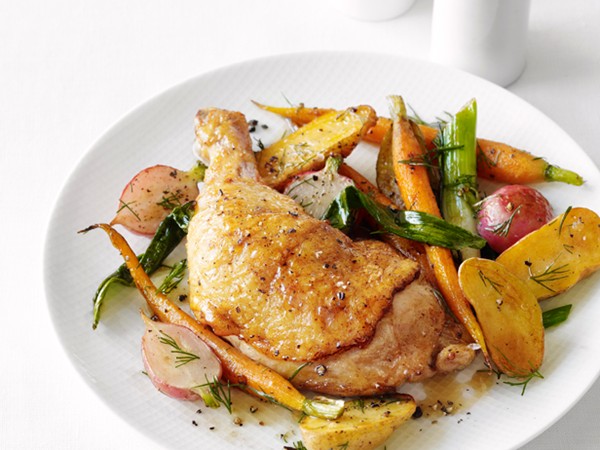 Roast chicken with spring vegetables