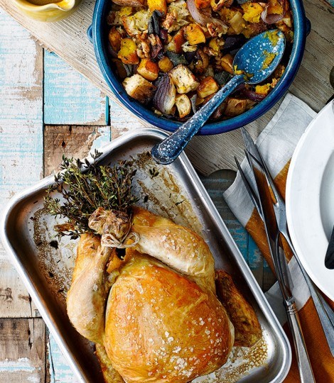 Roast chicken with squash and sourdough stuffing