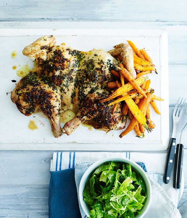 Roast chicken with tarragon butter and Dutch carrots