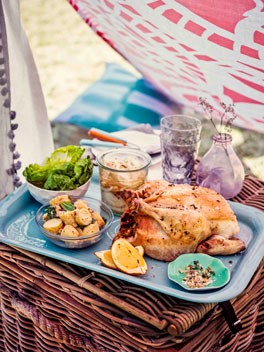 Roast chicken with thyme-lemon stuffing and pickled fennel