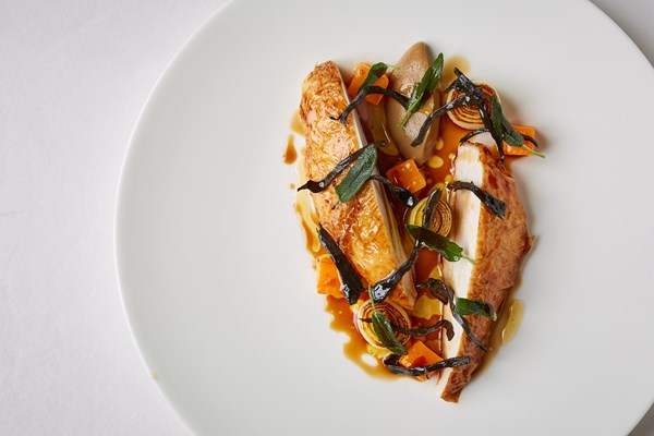 Roast chicken with trompette de la mort, squash and mushroom ketchup