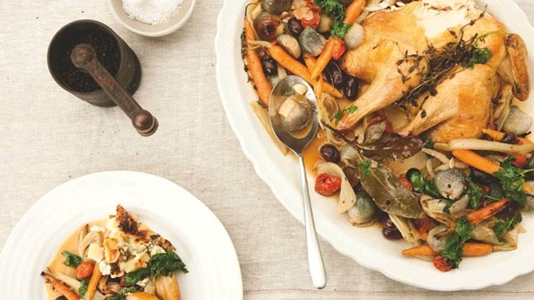 Roast chicken with vegetables and vermouth and potato, zucchini and goat's cheese gratin