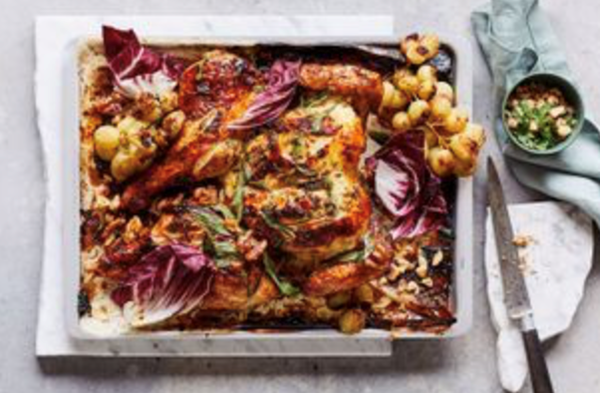 Roast chicken with verjuice, grapes, walnuts and tarragon