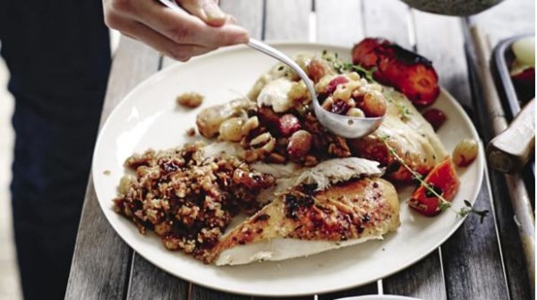 Roast chicken with walnut and grape stuffing