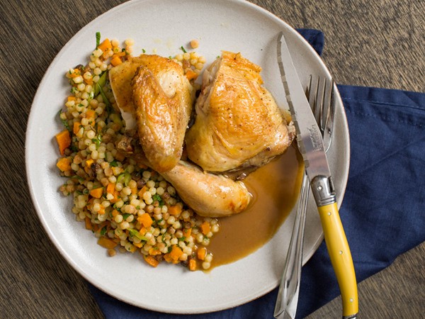 Roast chicken with warm fregola and butternut squash salad