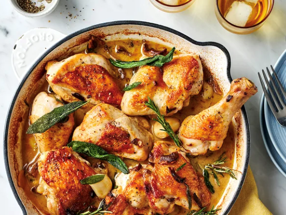 Roast chicken with white wine, porcini and sage sauce