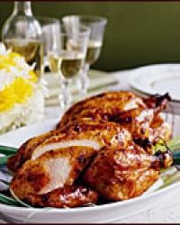 Roast chickens with black pepper-maple glaze