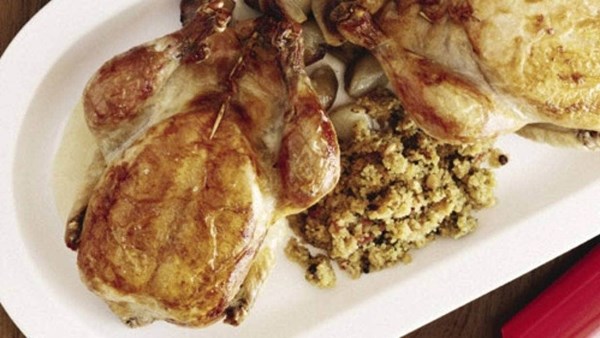 Roast chickens with quinoa stuffing