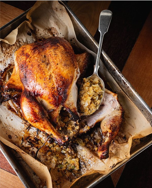Roast chook with sage & onion stuffing & spiced butter
