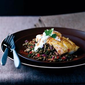 Roast cod on spiced Puy lentils