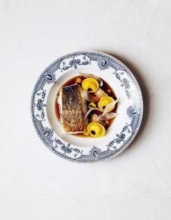 Roast cod, trotter tortellini, baked onion