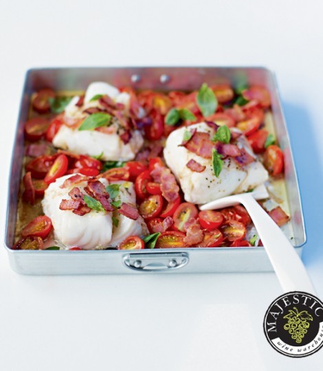 Roast cod with bacon, tomatoes and basil