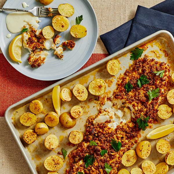 Roast cod with chorizo crisp