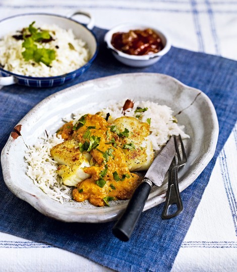 Roast cod with coconut curry sauce
