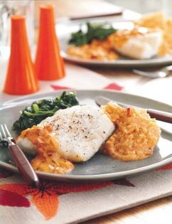 Roast cod with dressed crab mash and lobster sauce