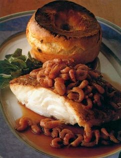 Roast cod with horseradish Yorkshire pudding and shrimp gravy