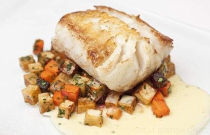 Roast cod with lemon beurre blanc and winter ratatouille